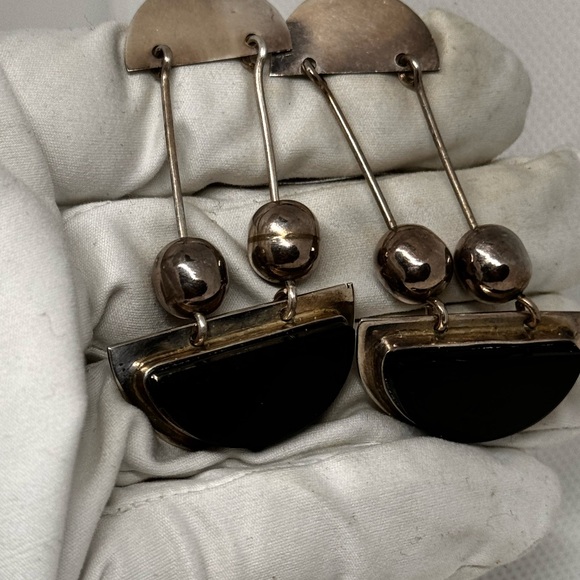 Vintage Taxco earrings sterling silver dangle pendulum onyx modernist - Picture 10 of 13